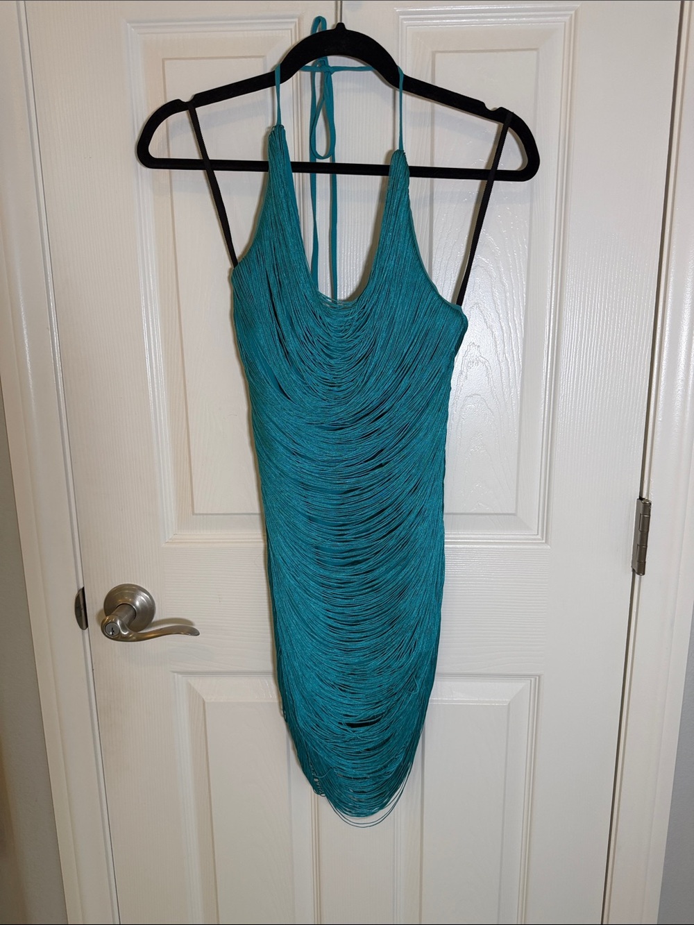 Teal Fringe Cowl Neck Mini Dress